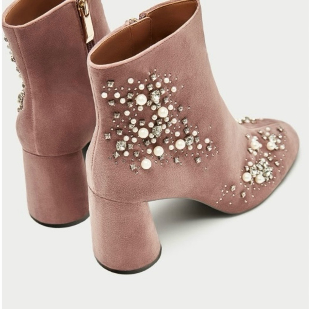 Zara velvet pearl embellished ankle boots mauve pink